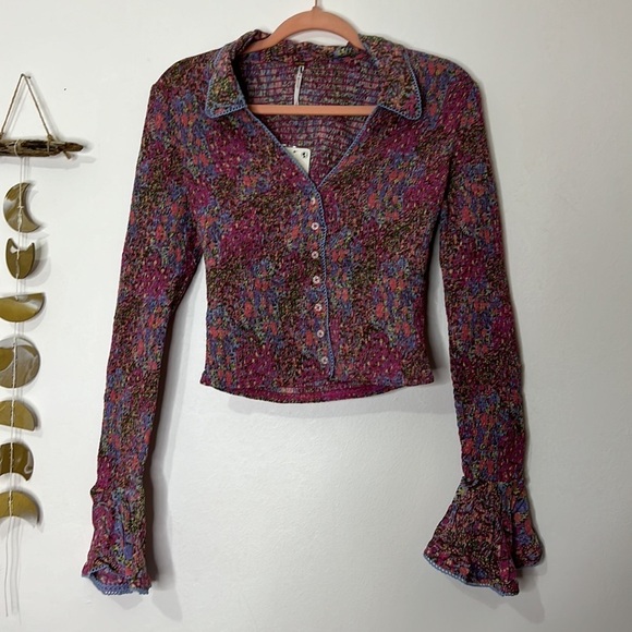 Free People Amelia Printed Blouse pink/rose size Medium - Picture 2 of 6